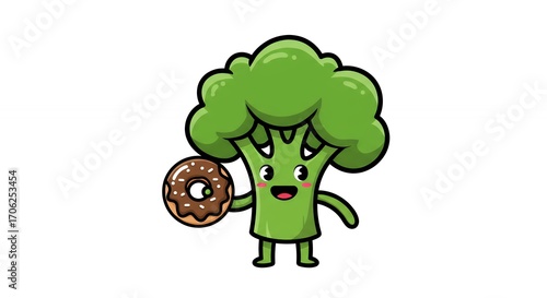 Broccoli character eating donut