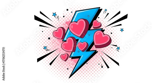 Love Struck - Dynamic Blue Lightning Bolt Bursting with Pink Hearts Illustration.