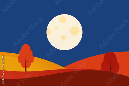 Autumn night landscape with a full moon and two trees