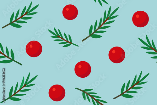 Christmas pattern of red berries and green pine needles on blue