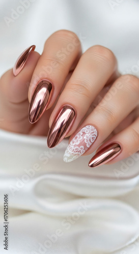 Wallpaper Mural A close-up view of a woman's elegantly manicured hand showcasing shimmering rose gold chrome nails with a delicate white lace accent nail against a soft, flowing satin background. Torontodigital.ca