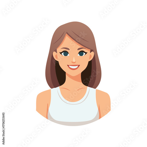 Smiling Young Woman with Brown Hair Wearing a White Tank Top Flat Illustration