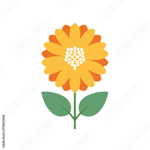 Simple orange and yellow flower illustration with green stem and leaves