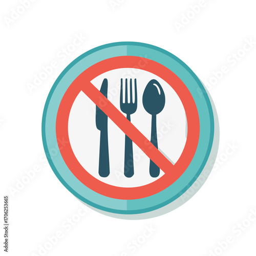 Circular warning symbol showing no eating or food permitted with cutlery icons