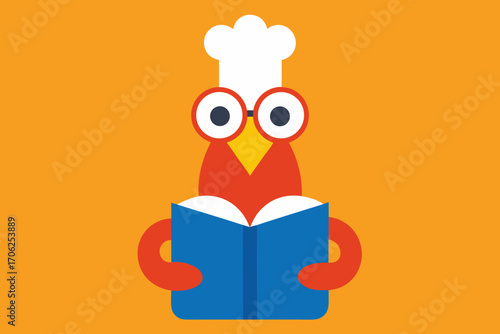 Cute chef chicken reading a book on orange background