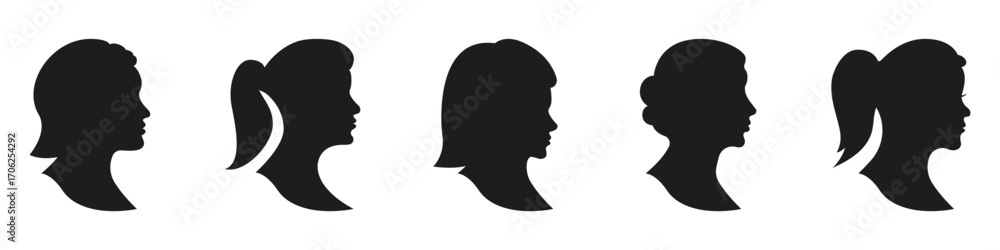 Fototapeta premium Female Side Profile Avatars with Different Hairstyles Silhouettes Solid Icon Set. Woman Identity Icons for Contact, Account and User Interface Silhouette Collection. Isolated Vector Illustration