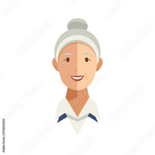 Vector illustration of a smiling elderly woman with grey hair in a bun