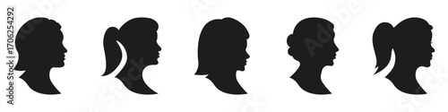 Female Side Profile Avatars with Different Hairstyles Silhouettes Solid Icon Set. Woman Identity Icons for Contact, Account and User Interface Silhouette Collection. Isolated Vector Illustration