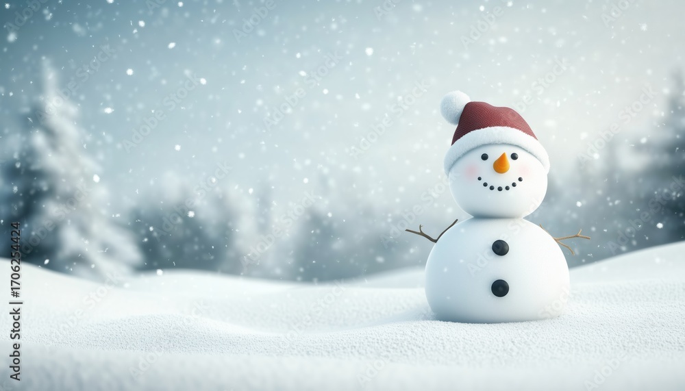 Fototapeta premium Winter Wonderland Christmas Greeting Card Featuring Snow Product Display, Copy Space, And Adorable Snowman In Snowy Landscape With Falling Snow