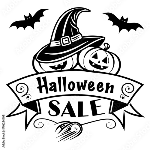 Halloween with stylized witch hat, smiling pumpkins and bloody or melted coloring page vector black on white background