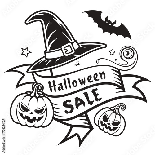 Halloween with stylized witch hat, smiling pumpkins and bloody or melted coloring page vector black on white background