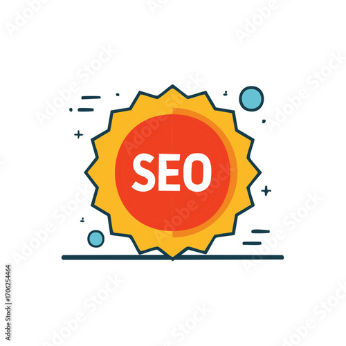 SEO Strategy Abstract Round Badge Featuring Red Center and Spiky Yellow Edge