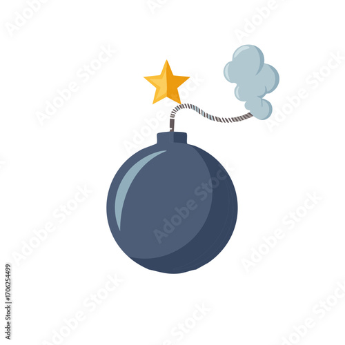 Stylized round bomb with burning fuse, star shaped match and smoke cloud