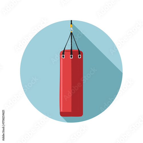 Red Punching Bag Hanging on Blue Circle Background for Boxing Training and Martial Arts