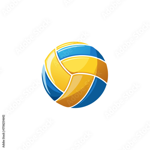 Stylized volleyball with blue and yellow panels on a white background