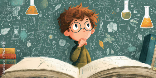 A whimsical open storybook illustration in a playful cartoon style with magical elements and a dreamy atmosphere for childrens books and creative projects