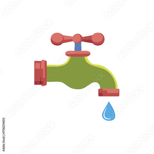 Colorful illustration of water tap with a drop of water flowing down.