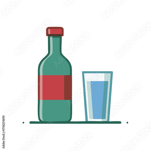 Stylized flat illustration of a beverage bottle and a glass filled with a drink. Modern vector icon design.