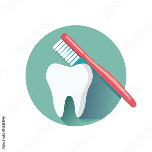 Clean white tooth and red toothbrush icon representing daily oral hygiene and dental health care