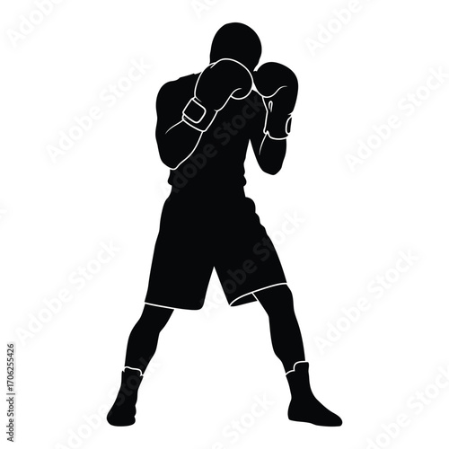 Dynamic silhouette of a boxer in fighting stance ready for combat silhouette
