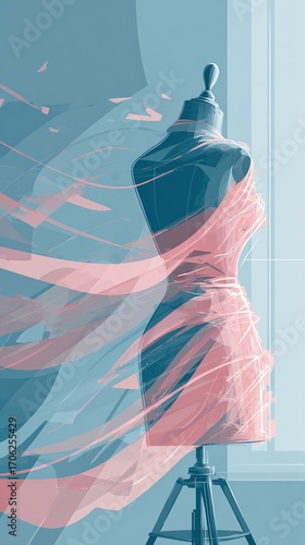 Elegant Dress Form Displaying Flowing Fabric in Soft Pastel Colors