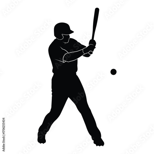 Baseball player silhouette swinging bat during game action silhouette