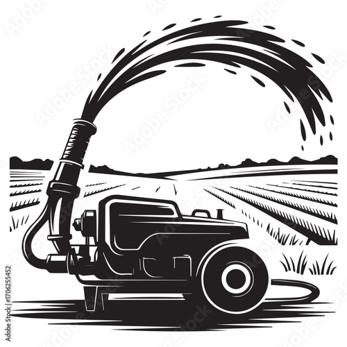 Vintage illustration of a farm irrigation system spraying water onto a field of crops with a tractor in the foreground