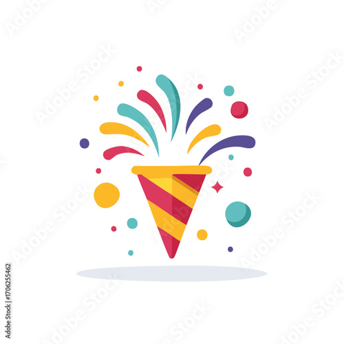 Vibrant party popper exploding with colorful confetti and streamers for celebration events