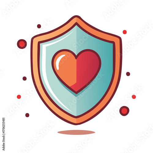 Shield with a heart symbol icon. Health protection, immunity and insurance. Cartoon vector graphic for safety and secure concept.