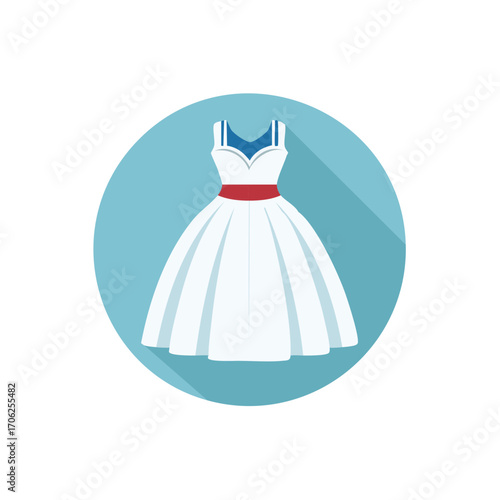 Elegant white formal gown with red sash and blue accent, flat design icon with shadow