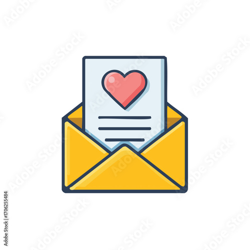 Love letter in open yellow envelope with red heart message illustration