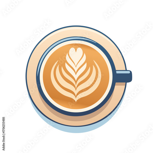 Latte art in a cup of coffee, top view illustration with leaves shapes