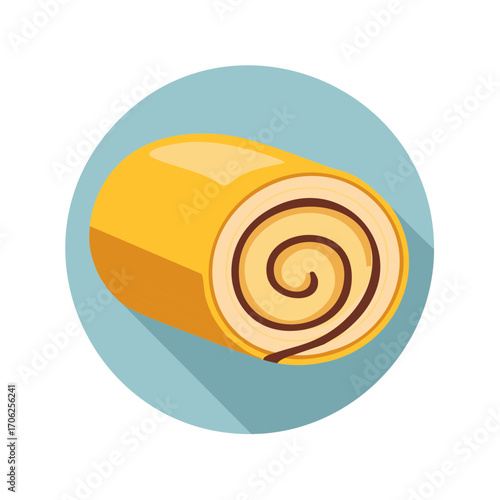 Swiss roll vector illustration of cake dessert in circle with long shadow