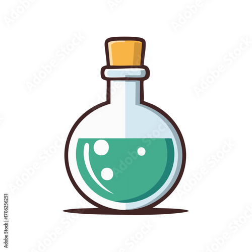 Round laboratory flask with green liquid and cork stopper simple cartoon illustration