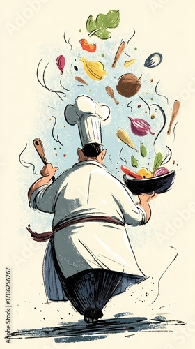 Culinary Artist in Action with Ingredients and Flavorful Cooking