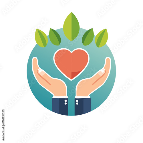 Caring hands hold a red heart surrounded by green leaves and a teal circle