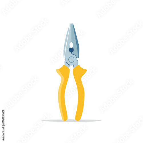 Vector illustration of long nose pliers with yellow handles on white background for handcraft, repair