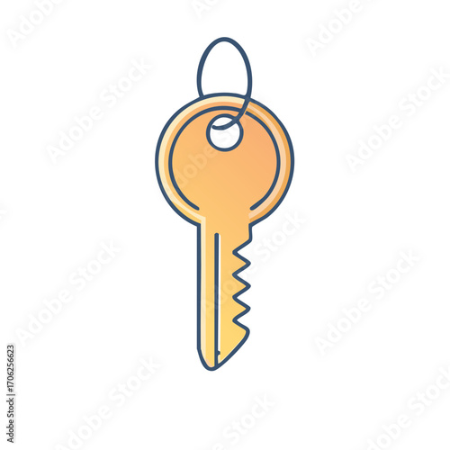 Illustrated key, golden yellow and blue, with a loop and saw-tooth edge.