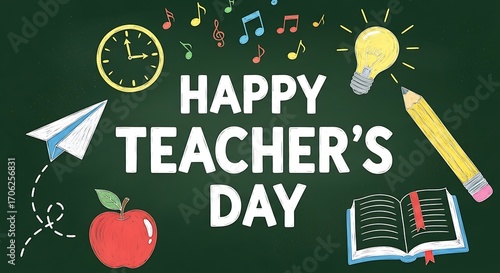 Happy teachers day greeting card with clock, music notes, paper plane, light bulb, pencil, book, and apple on a chalkboard background to celebrate the holiday