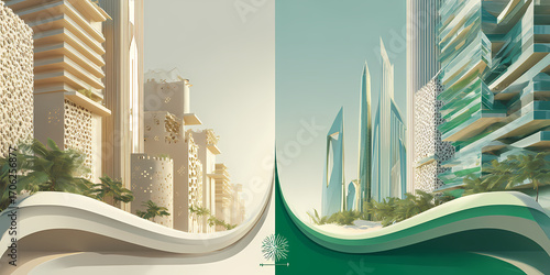 A Split Screen Design Showcasing Saudi Arabian Heritage and Modern Innovation Featuring Traditional Architecture and Futuristic Cityscape