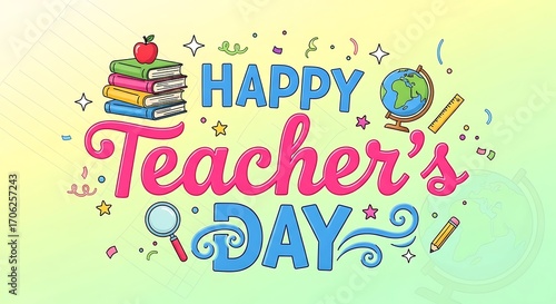 Happy teachers day greeting card with books, apple, globe, pencil, magnifying glass, and stars on a colorful background to celebrate the holiday