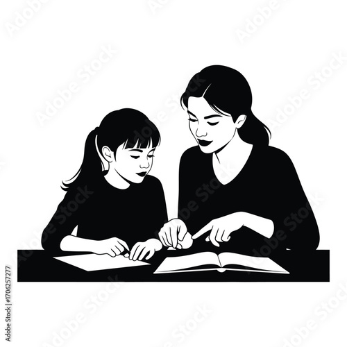 Mother and daughter studying together learning education home schooling study session silhouette