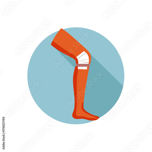 Human leg with bandaged knee representing pain, injury, or medical treatment in flat design