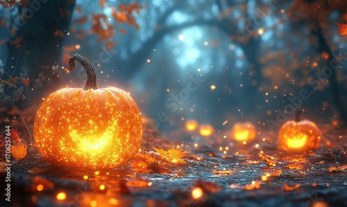 Glowing pumpkins and autumn leaves create a magical Halloween night atmosphere