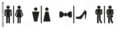 Restroom Sign Solid Icon Set. Gender-Specific Bathroom Symbols, Formal Attire and Urgency Indication Silhouette Collection. Public Facility Navigation. Isolated Vector Illustration