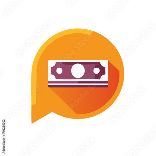 Stylized paper money bill inside an orange speech bubble icon representing financial communication