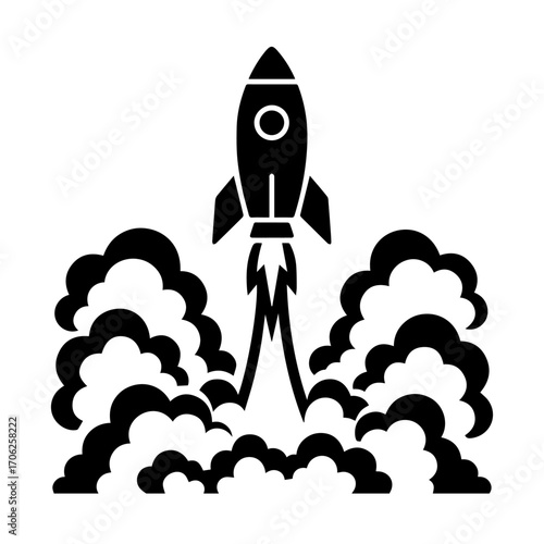Dynamic black vector illustration of a rocket launch sequence with dramatic smoke clouds and bright flames. Space travel, innovation, and mission start.