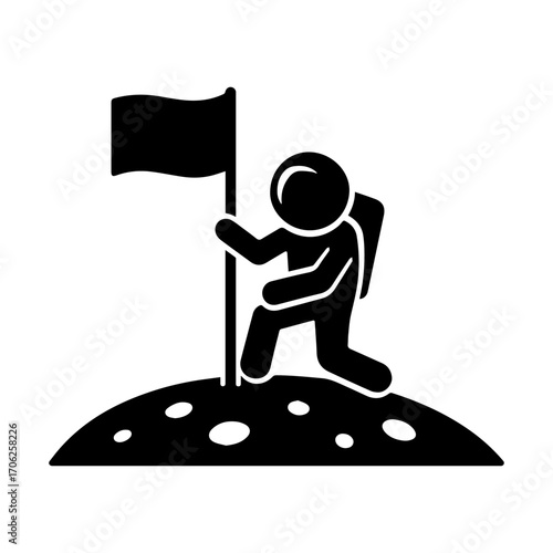 Iconic black vector illustration of an astronaut planting a flag on the Moon with Earth in the background. Lunar mission, cosmic achievement, and space exploration.

