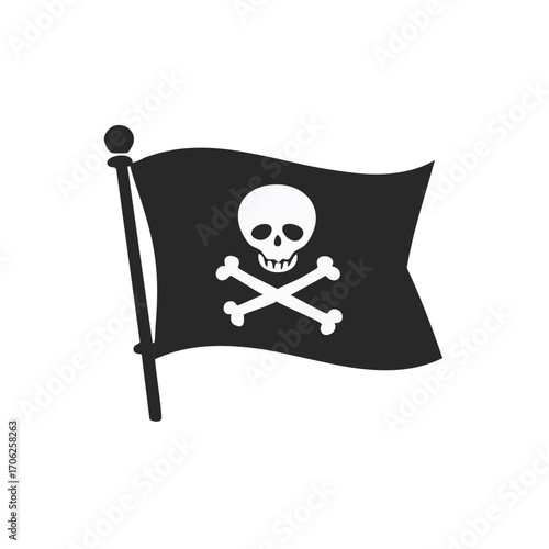 Waving black pirate flag with skull and crossbones symbol Jolly Roger icon illustration