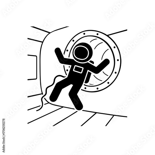 Clean black vector illustration of an astronaut floating in zero gravity inside a futuristic spaceship with tools around. Space exploration and cosmic adventure.